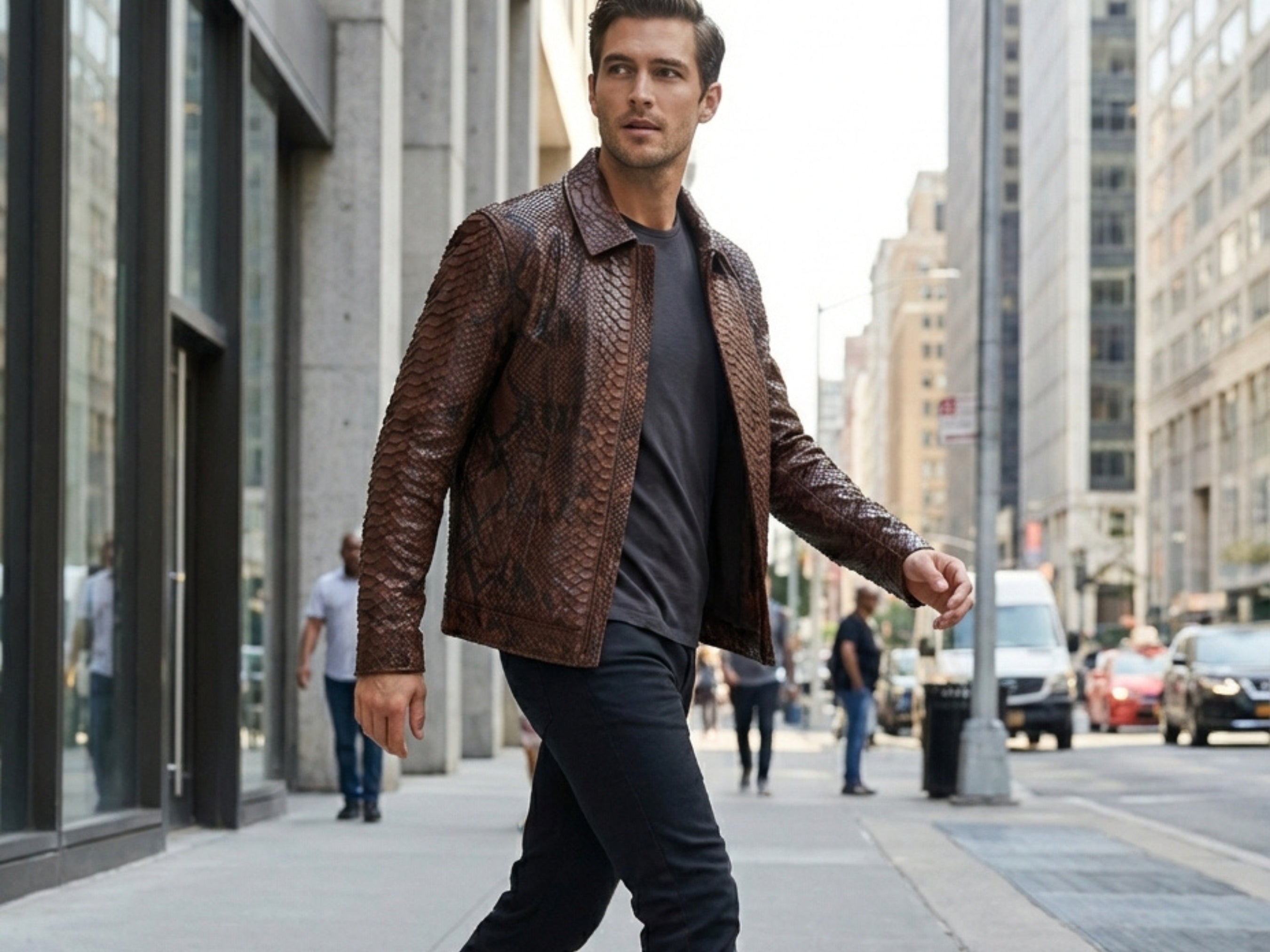 Brown python snakeskin jacket with stand collar and zip-front design