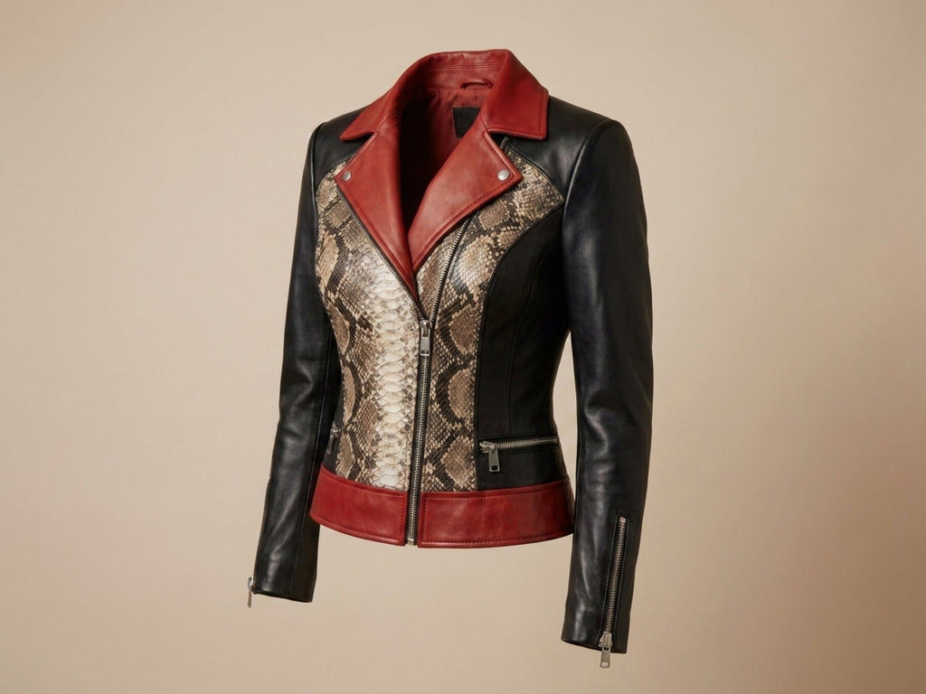 Three-quarter view of black biker leather jacket with snakeskin center panel and red trim