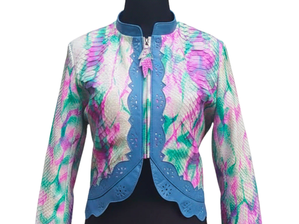 Cropped leather jacket, multicolor snakeskin tie-dye with blue stand collar and zip front