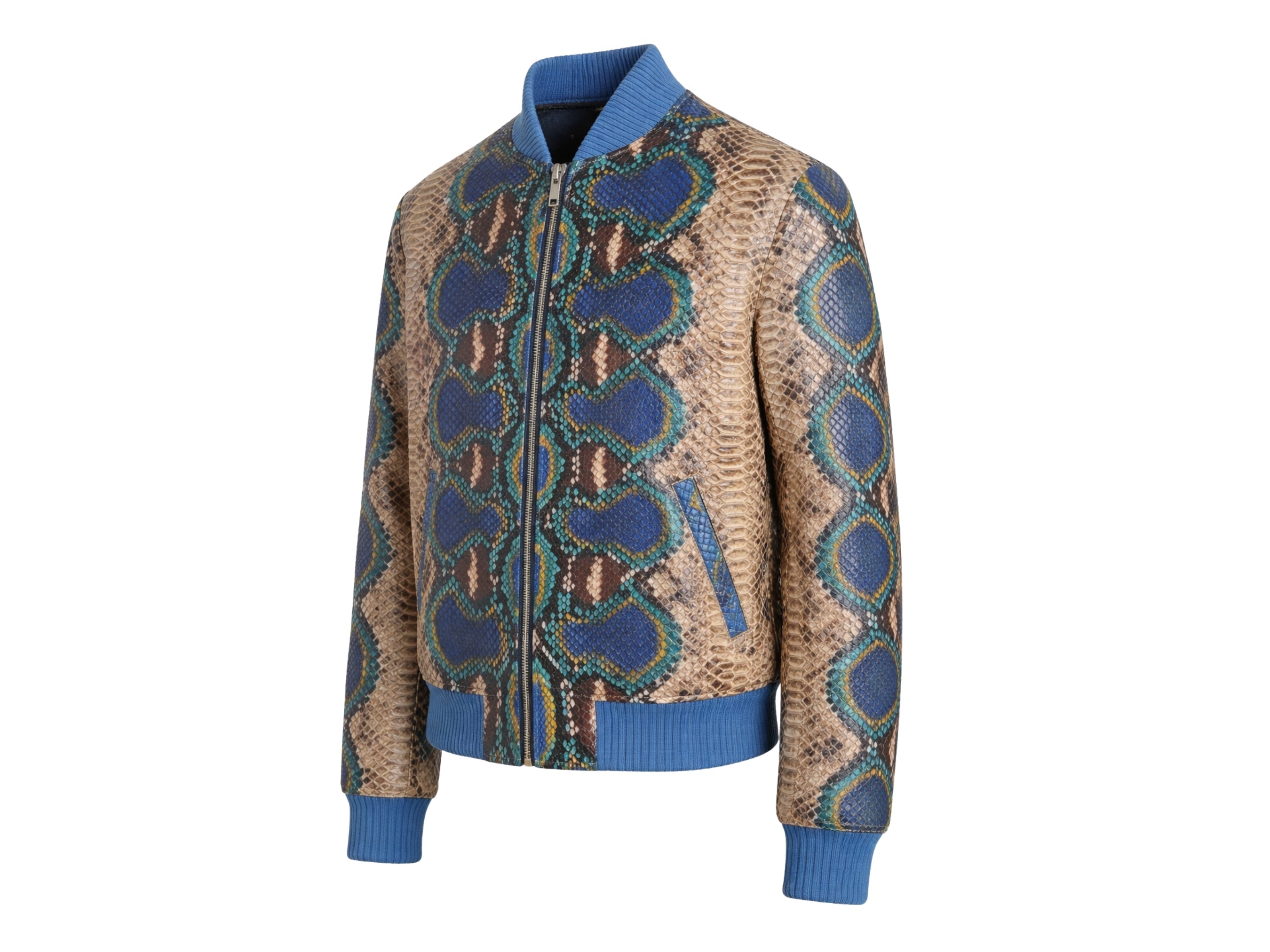 Multi-color python snakeskin bomber jacket, angled front view, blue tan scale pattern