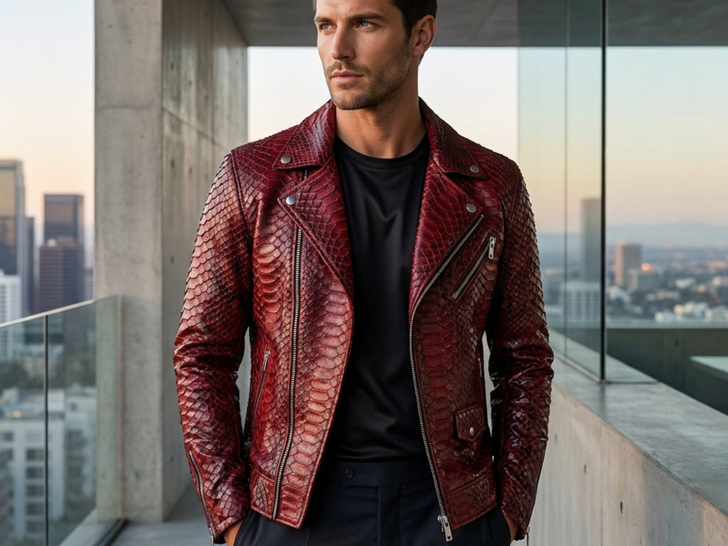 Red python snakeskin biker jacket with silver zipper and lapel collar, front view