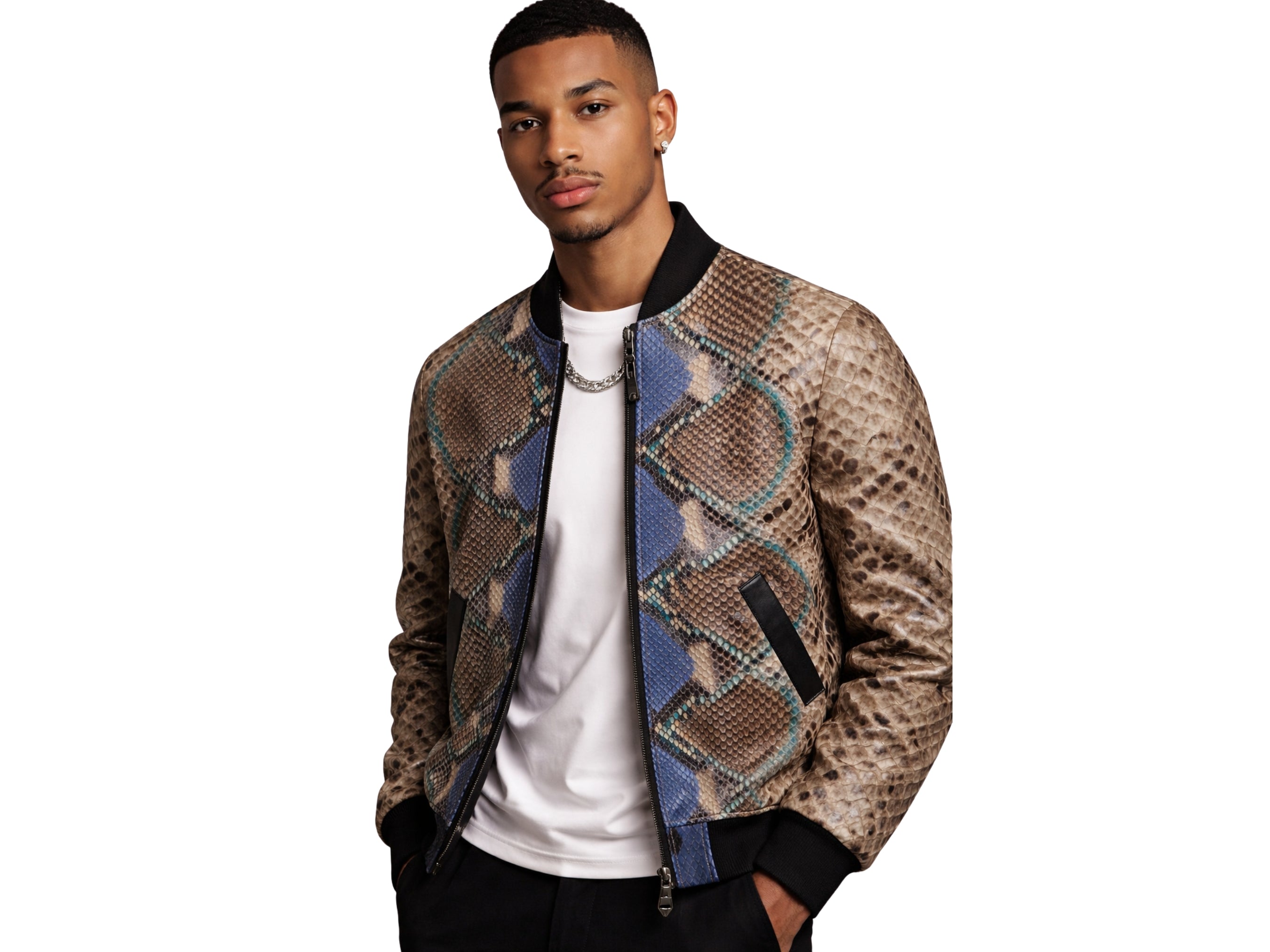 Men’s python snakeskin bomber jacket on model, zip front and blue/teal geometric accents