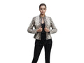Women’s gray python-skin biker jacket with stand collar and zip-front, worn over black top