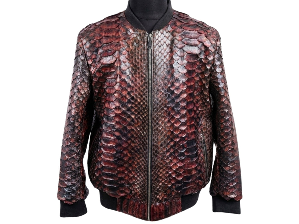 Snakeskin-pattern bomber jacket, full zip front, stand collar, ribbed cuffs