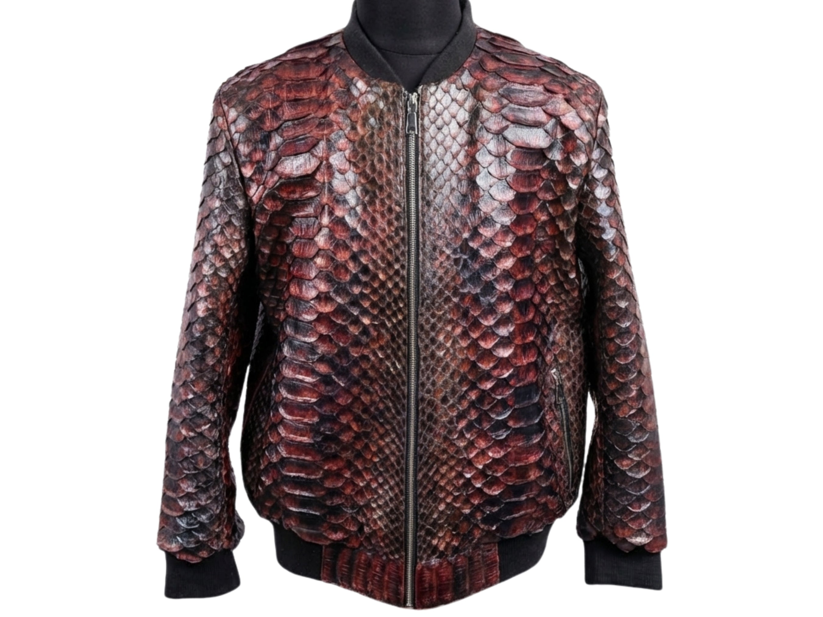 Snakeskin-pattern bomber jacket, full zip front, stand collar, ribbed cuffs