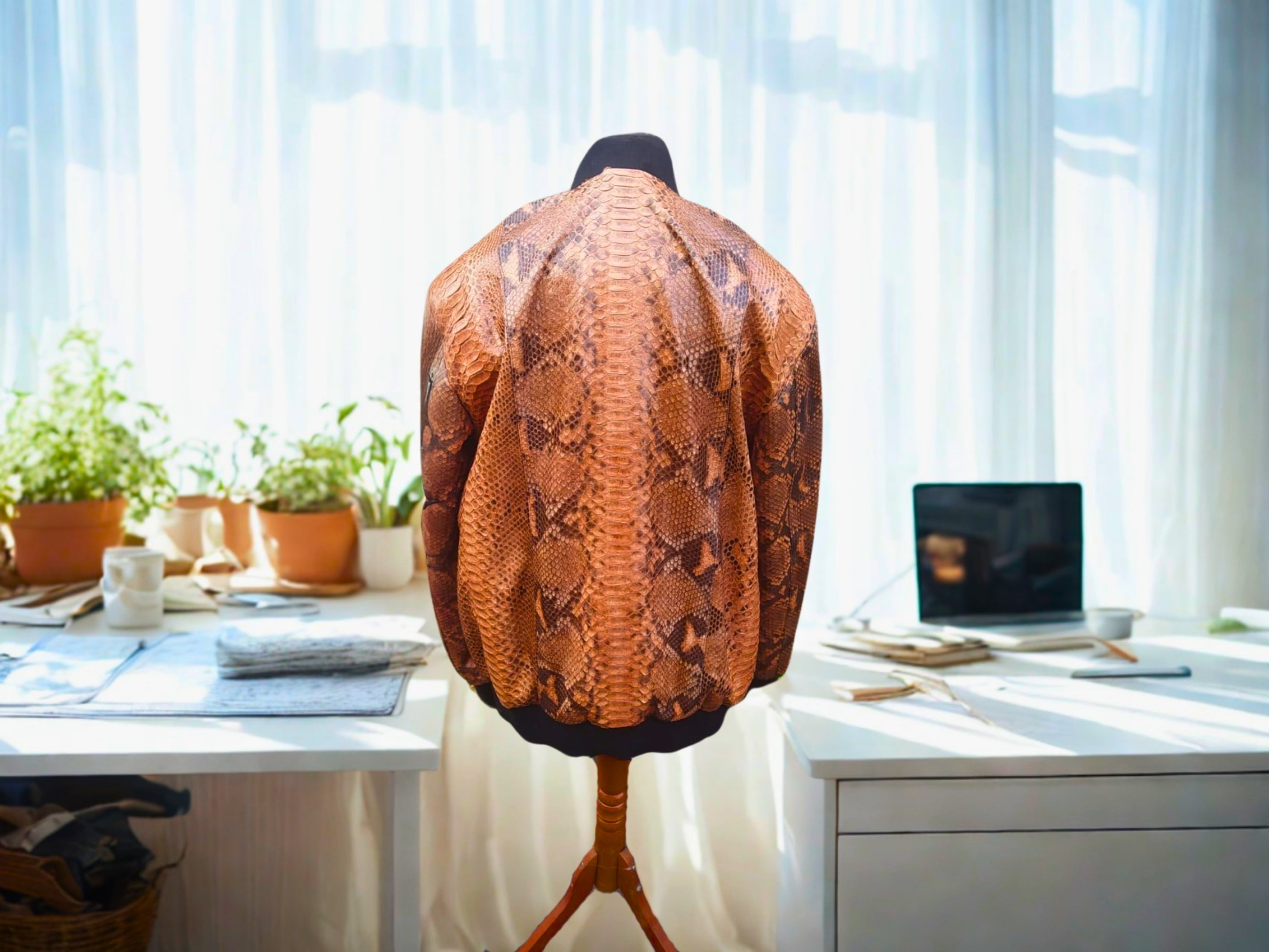 Brown leather bomber jacket back view with scaly snakeskin pattern and ribbed collar