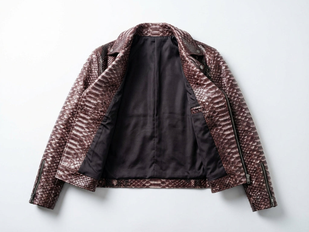 Snakeskin leather biker jacket interior lining view, gradient burgundy with open front