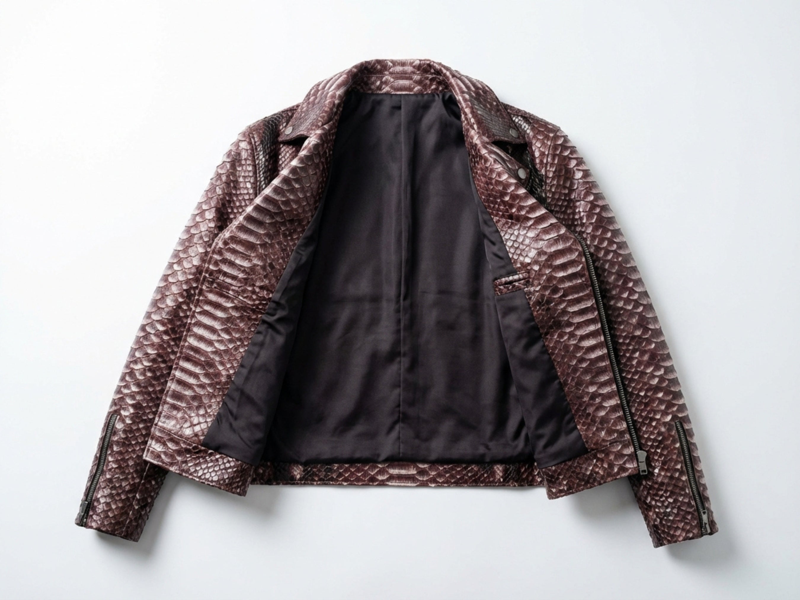 Snakeskin leather biker jacket interior lining view, gradient burgundy with open front