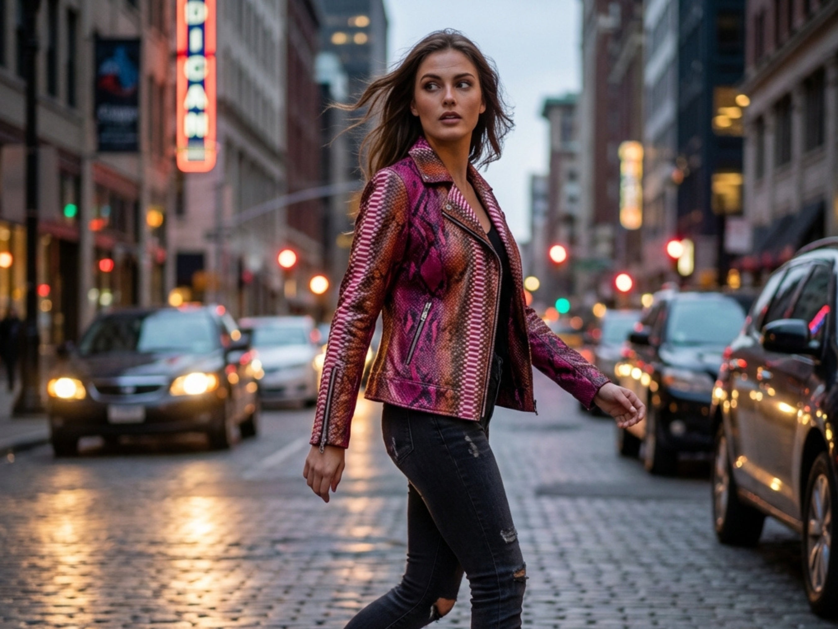 Pink and brown snakeskin leather biker jacket with zip-front and stand collar
