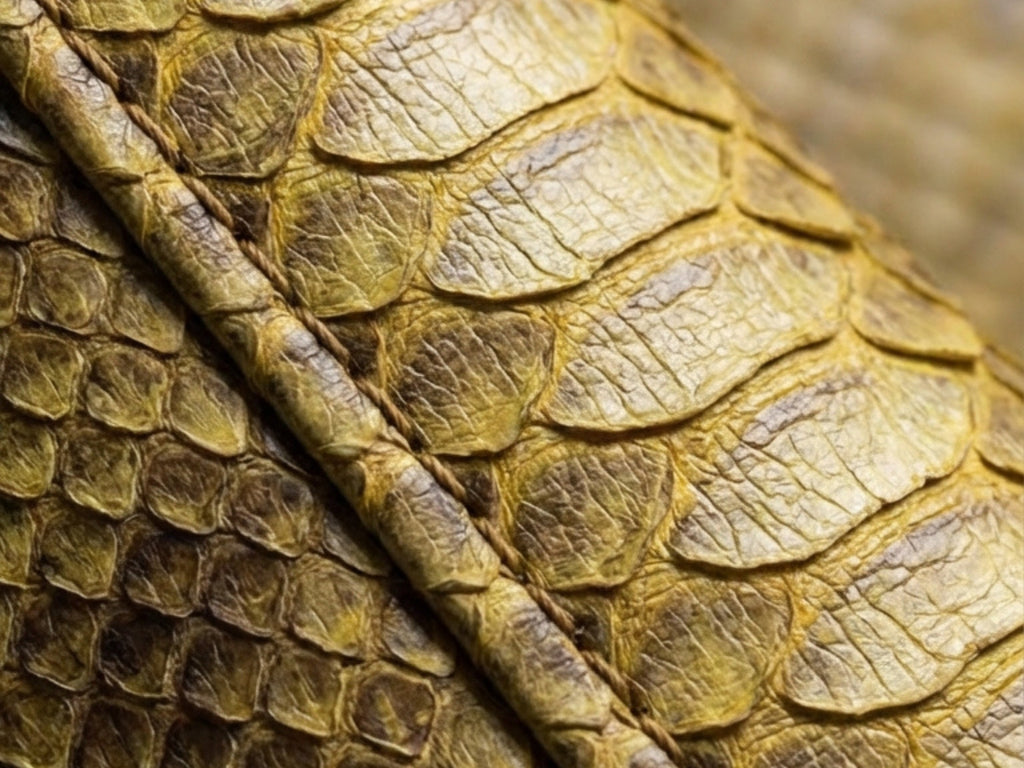 Gold and dark python snakeskin pattern close-up with high-contrast scales.