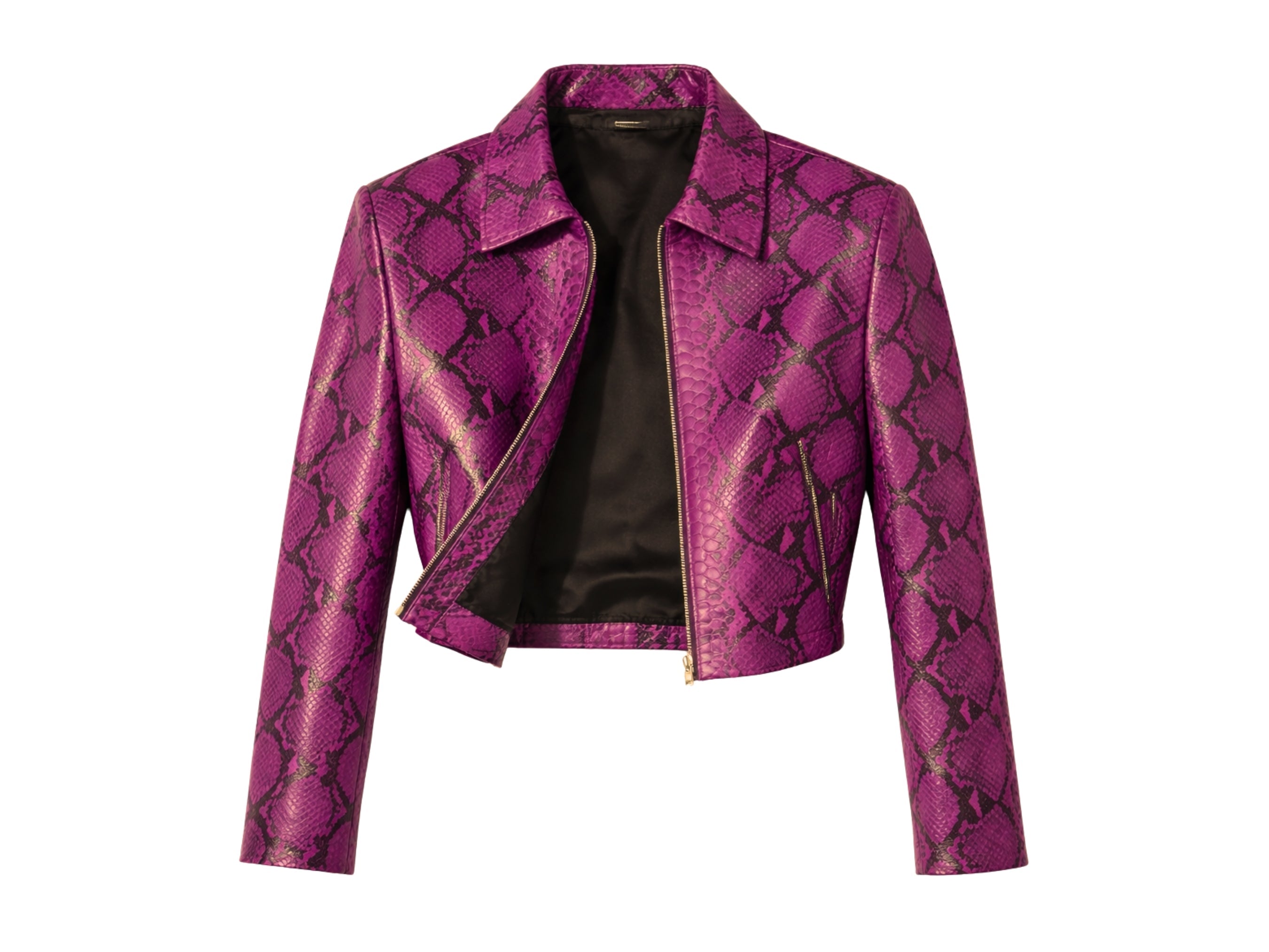 Magenta snakeskin cropped leather jacket front view with zip and pointed collar, black lining
