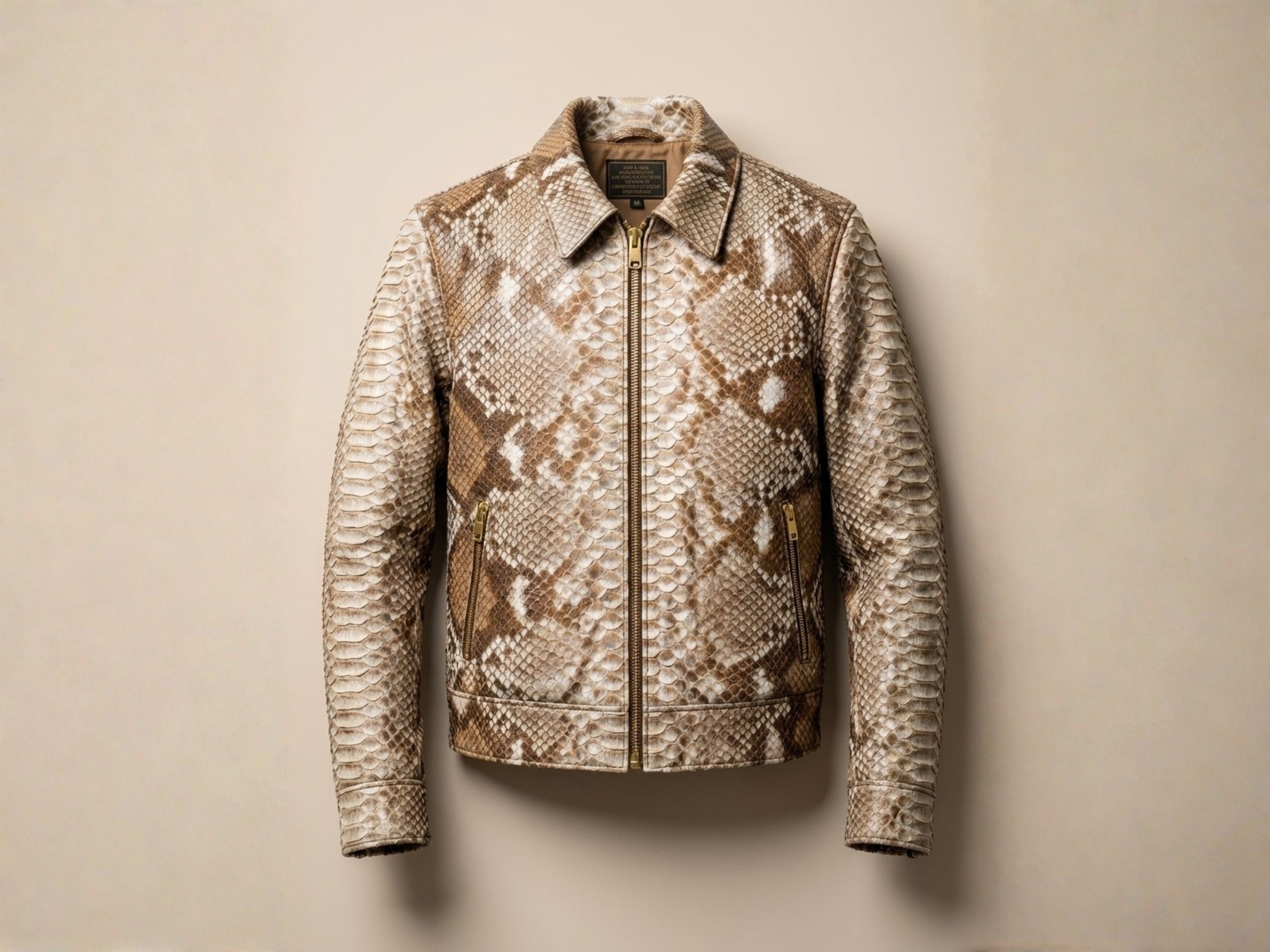 Taupe beige python snakeskin bomber jacket with front zipper and collared neckline