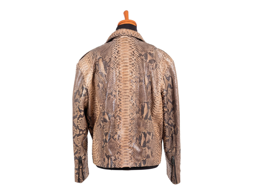 Back view of brown python-effect biker jacket with orange collar tab
