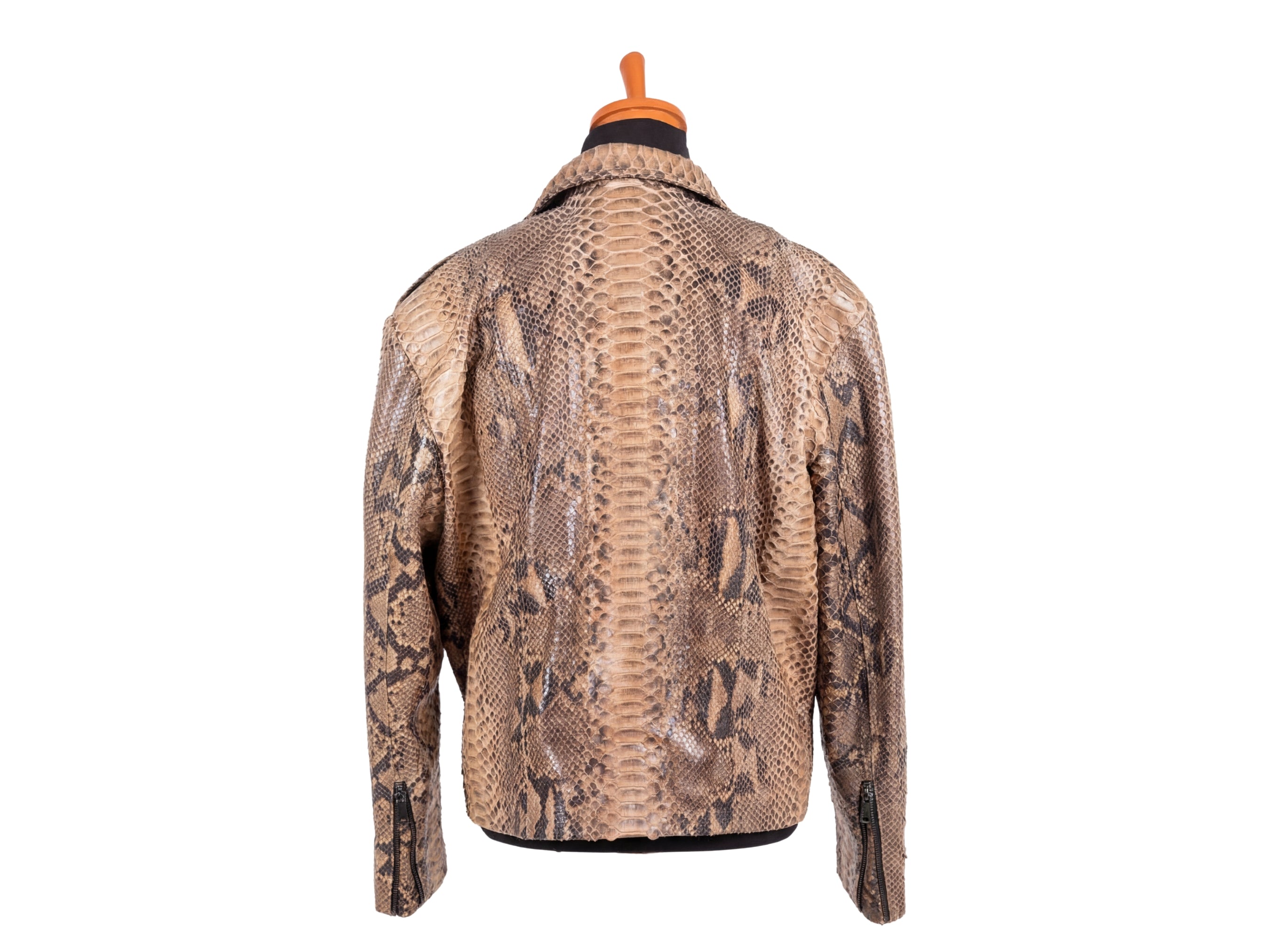 Back view of brown python-effect biker jacket with orange collar tab