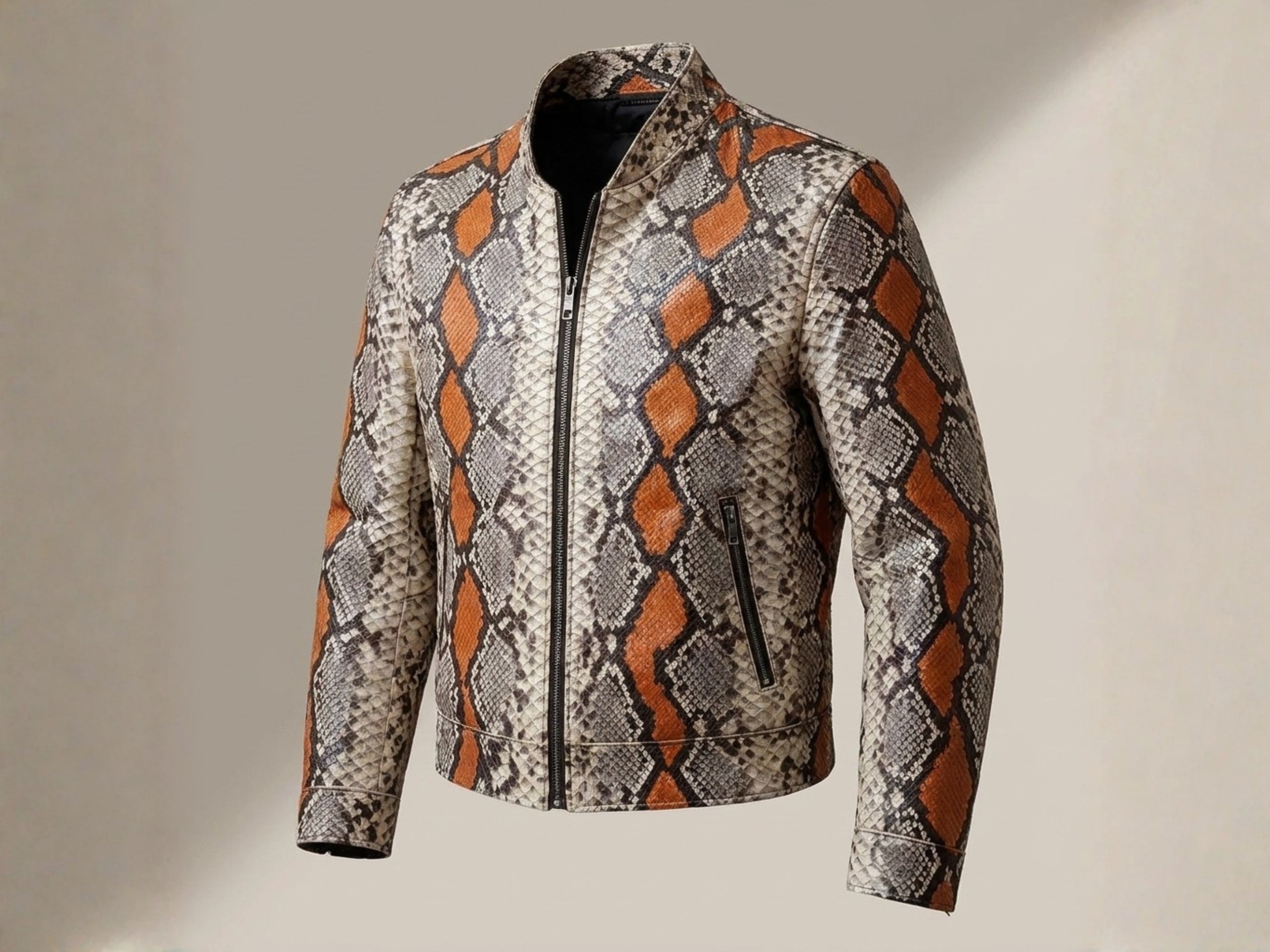 Python snakeskin jacket in gray with orange diamond scales, front zip and stand collar