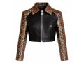 Front view of cropped jacket with black center and brown snakeskin sleeves, stand collar.