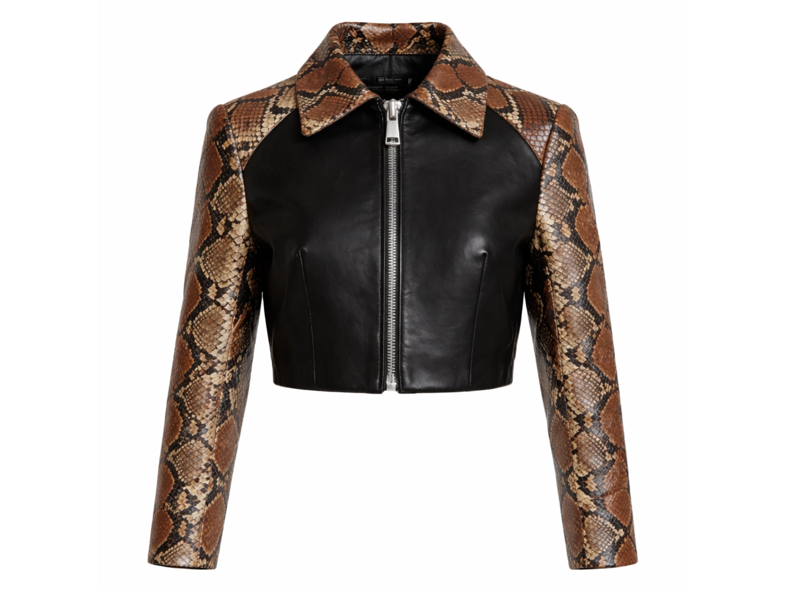 Front view of cropped jacket with black center and brown snakeskin sleeves, stand collar.
