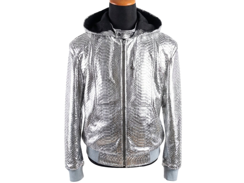 Silver metallic python-pattern hooded bomber jacket with full zip front and ribbed hem