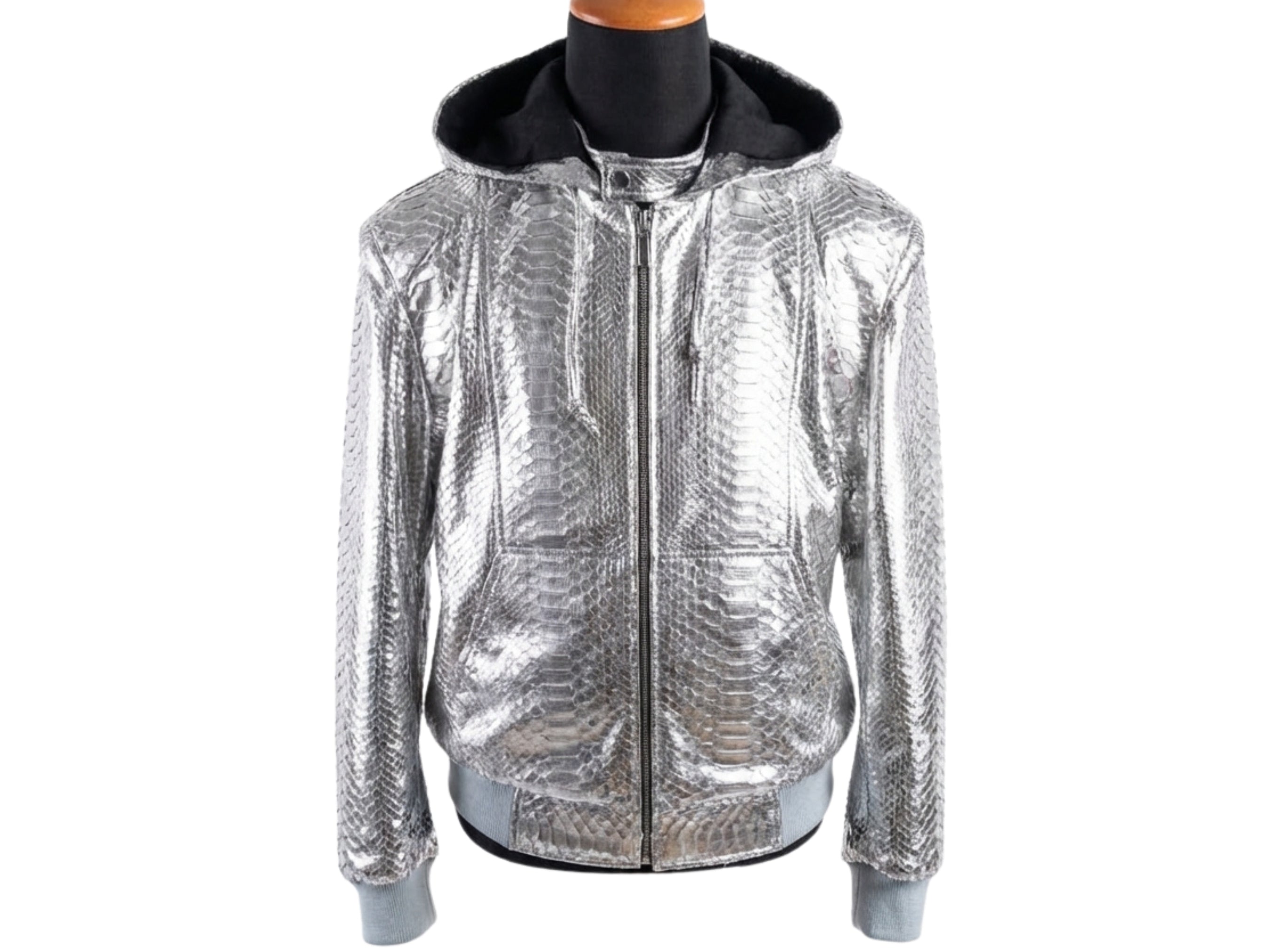 Silver metallic python-pattern hooded bomber jacket with full zip front and ribbed hem