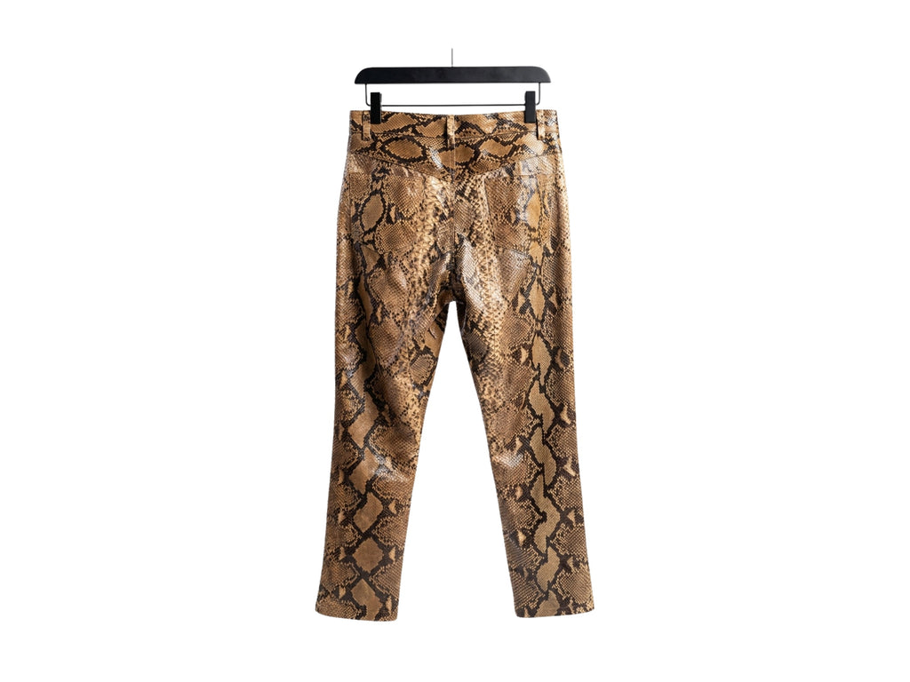 Brown python snakeskin leather pants with tailored straight-leg fit