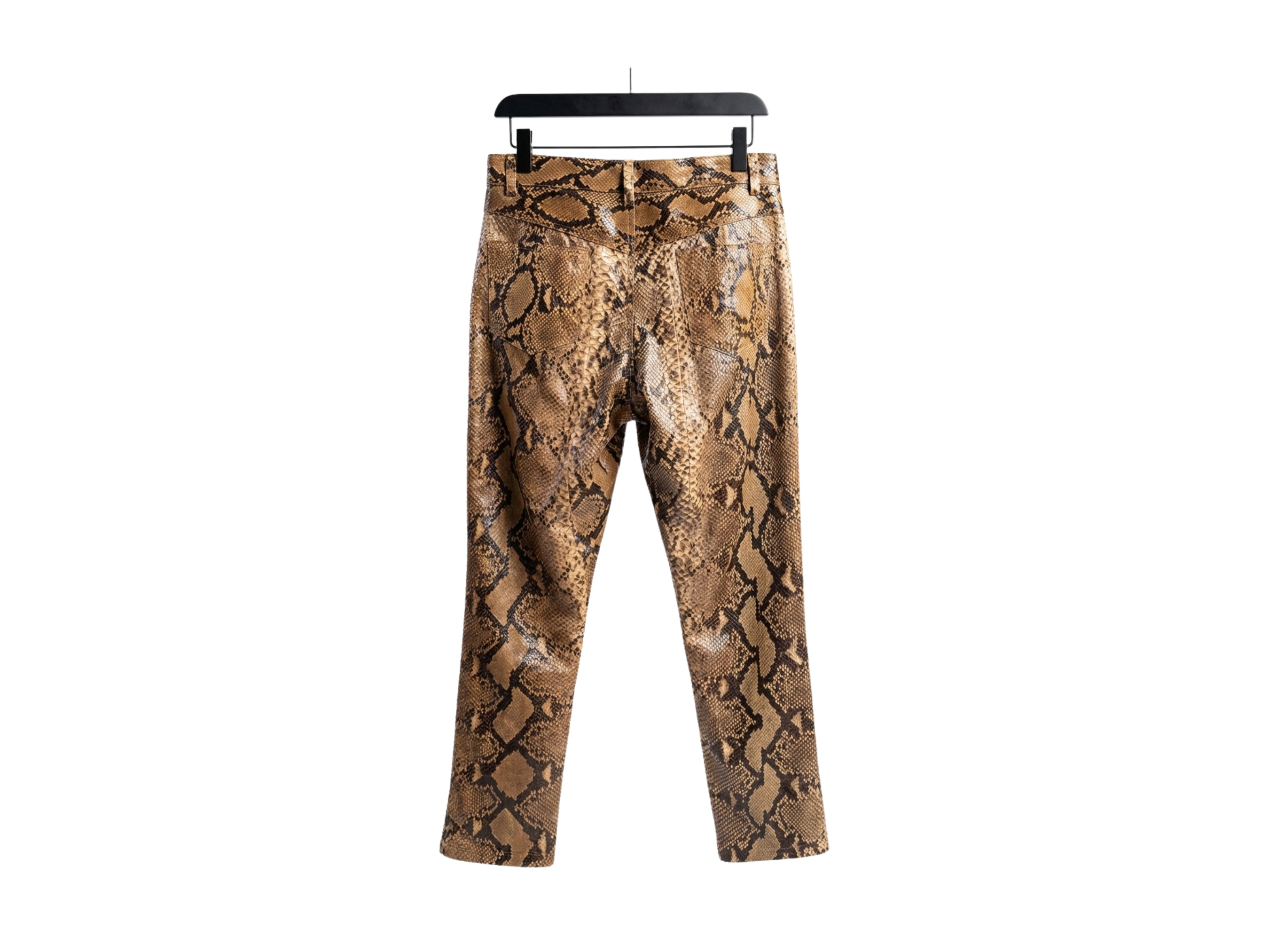 Brown python snakeskin leather pants with tailored straight-leg fit