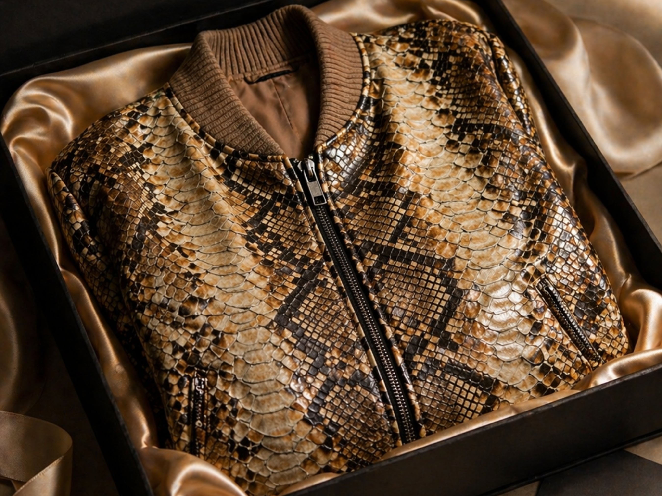 Snakeskin bomber jacket with front zip, ribbed collar, and cuffs laid in a box