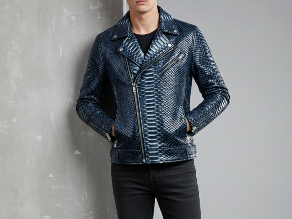 Dark blue python snakeskin biker jacket close-up with asymmetrical zipper and quilted texture.
