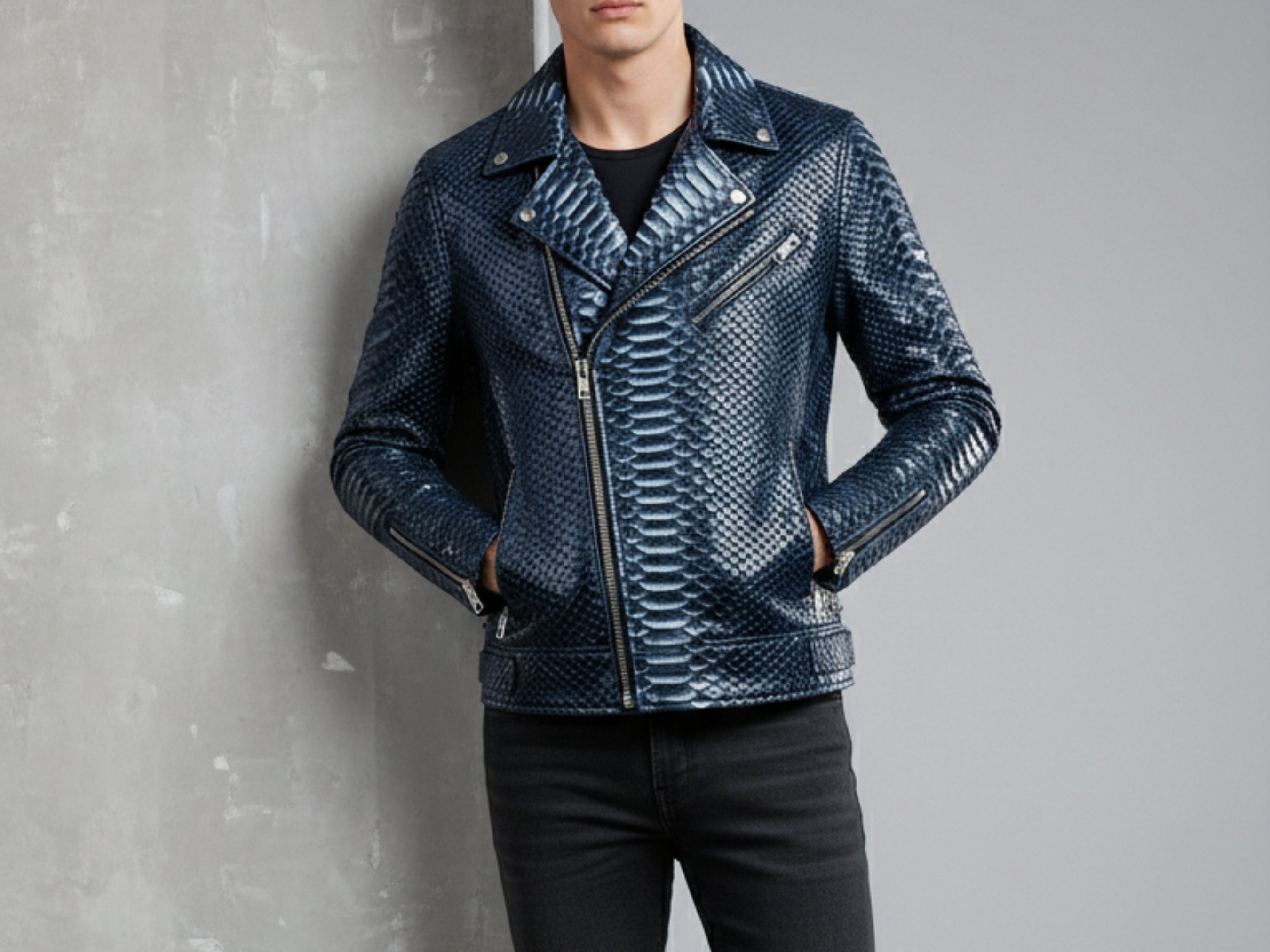 Dark blue python snakeskin biker jacket close-up with asymmetrical zipper and quilted texture.