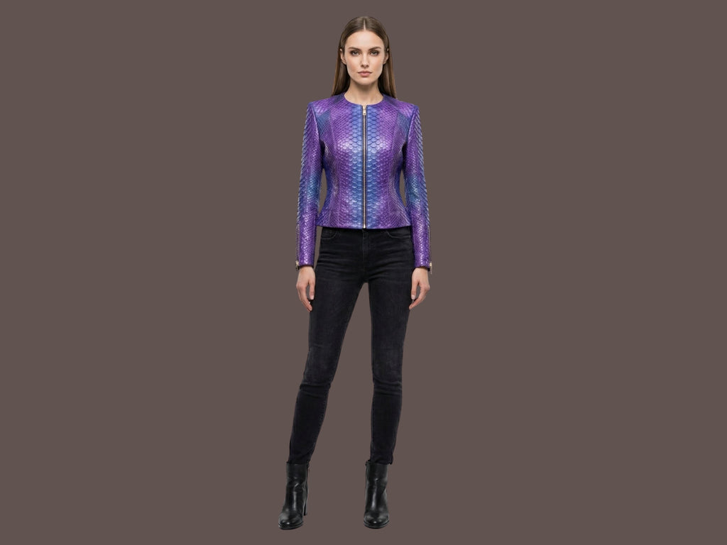 Purple-blue snakeskin jacket on model, fitted long-sleeve style