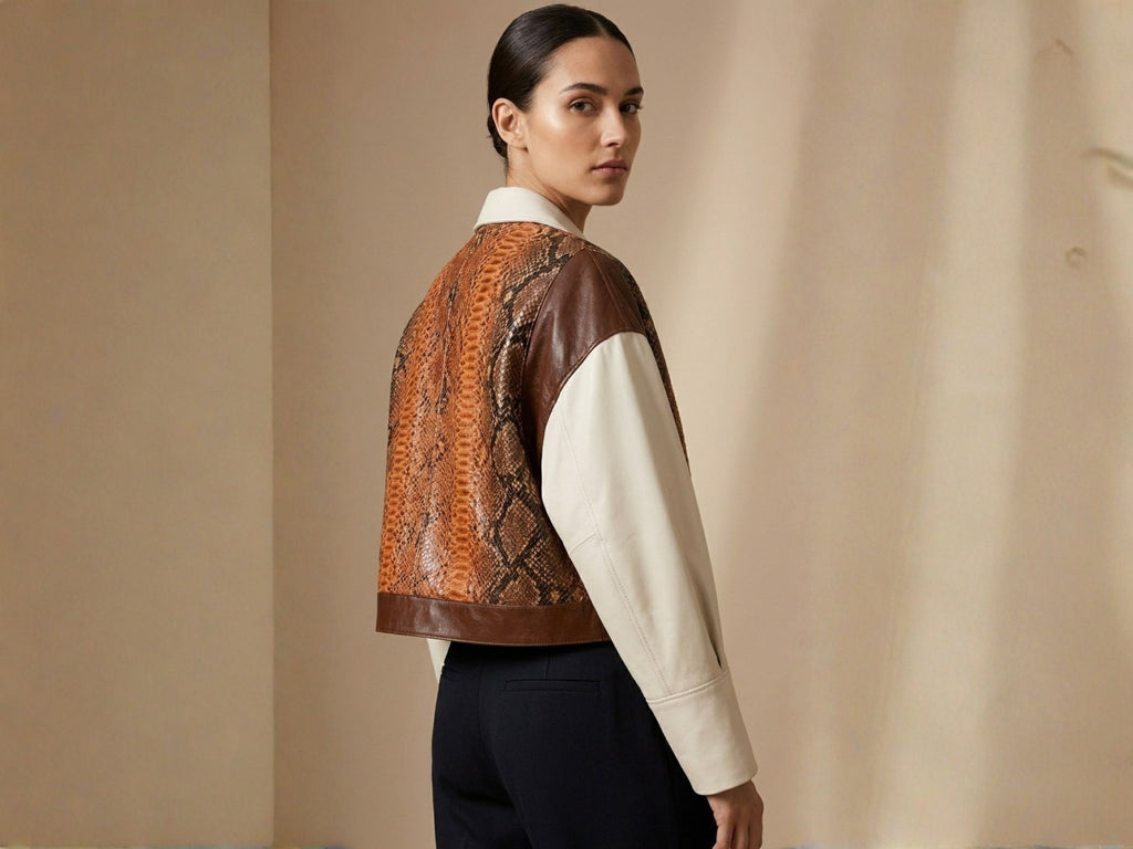 Side view blazer with orange-brown snakeskin section and cream sleeves