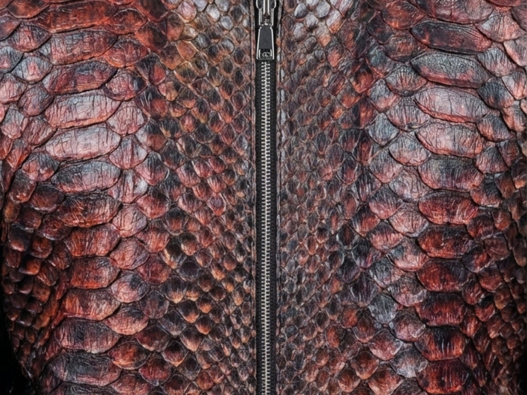 Snakeskin-pattern bomber jacket fabric close-up in red, gray, and black scales