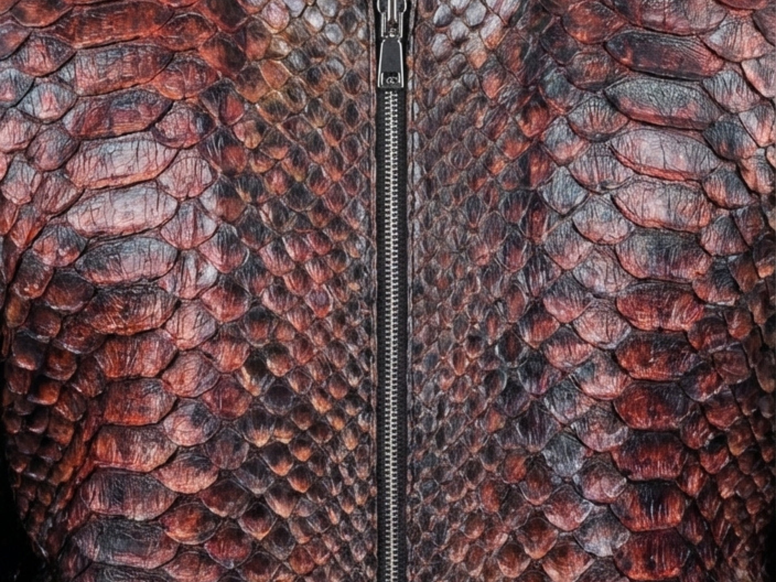 Snakeskin-pattern bomber jacket fabric close-up in red, gray, and black scales