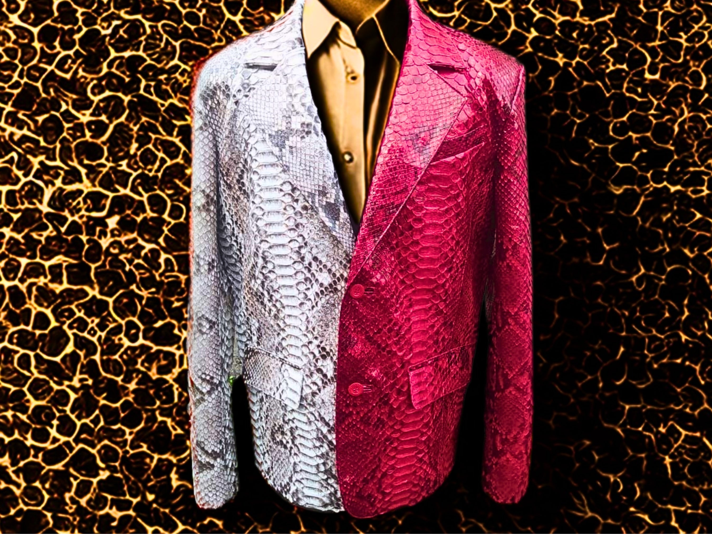 Snakeskin blazer front, red and silver snake-print panels with notch lapels.