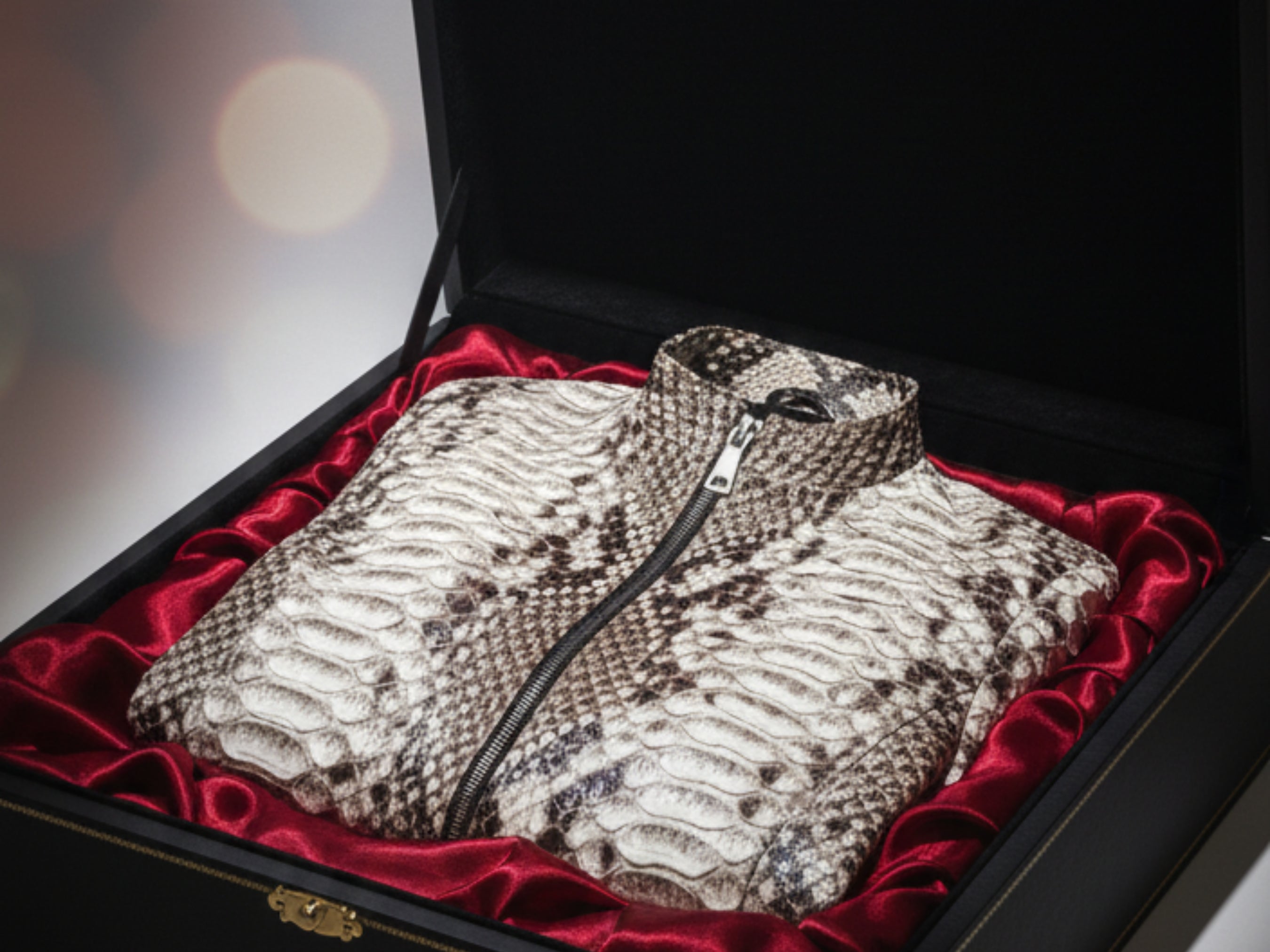 Gray python-skin biker jacket in a gift box with red lining and zip-front
