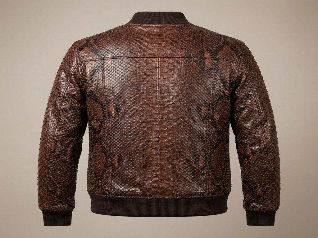 Brown snakeskin leather bomber jacket back view with ribbed collar and hem