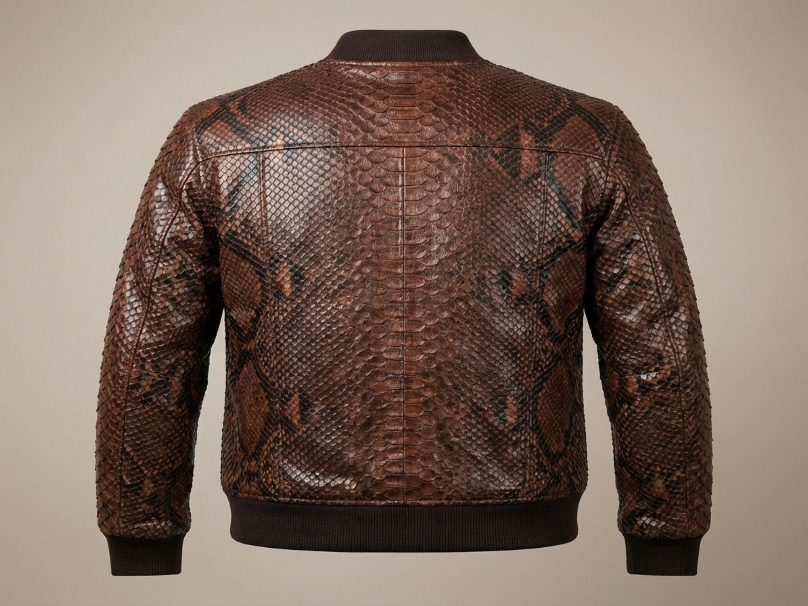 Brown snakeskin leather bomber jacket back view with ribbed collar and hem