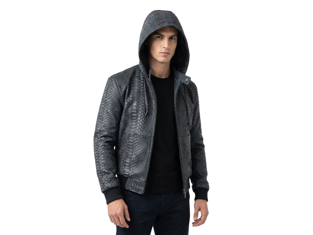 Python snakeskin hoodie bomber jacket with full-zip front, hood up, black textured finish