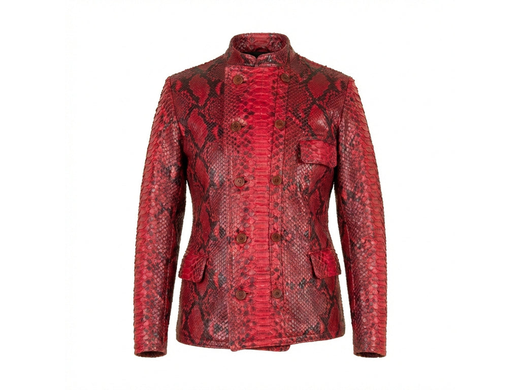 Red snakeskin leather jacket with stand collar, button front, and flap pockets