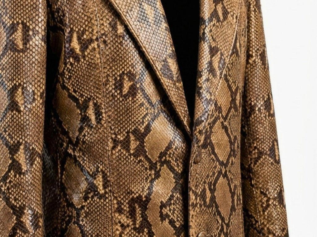 Brown python snakeskin leather blazer with notched lapel and button front