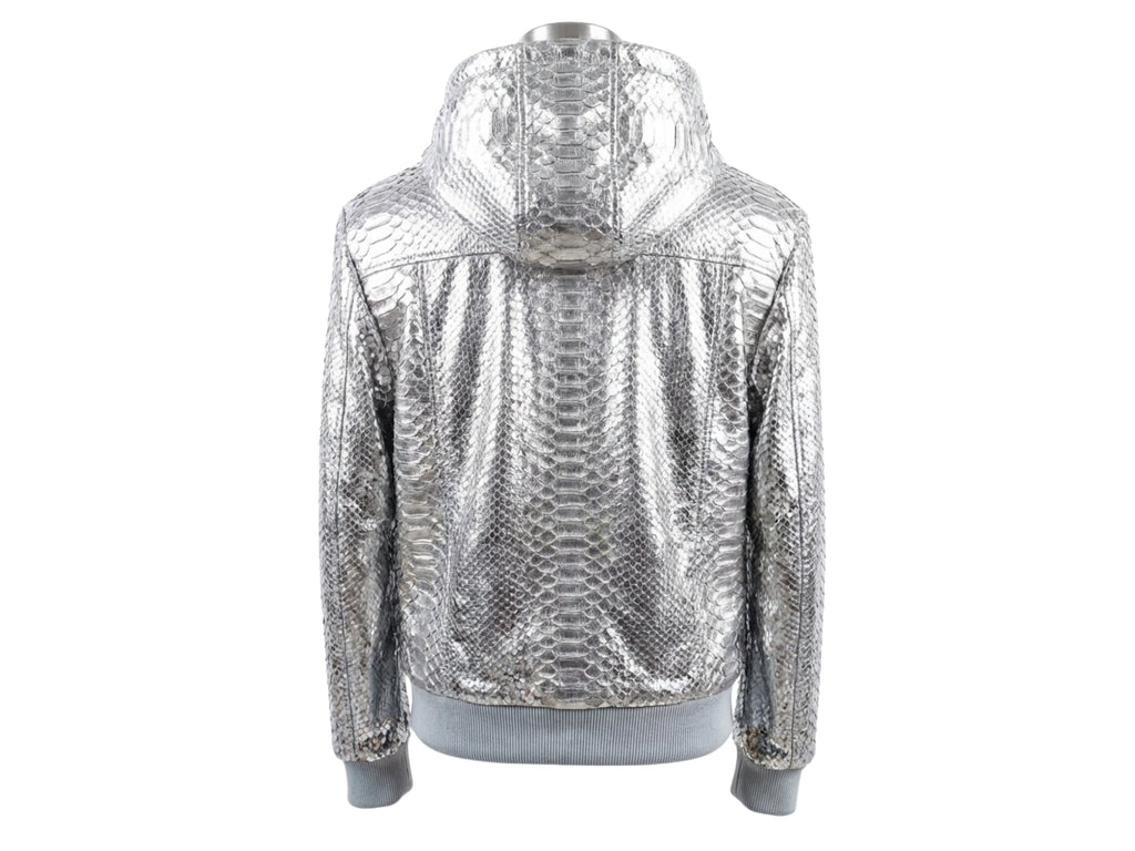 Silver metallic python-pattern bomber jacket back view with ribbed hem and cuffs