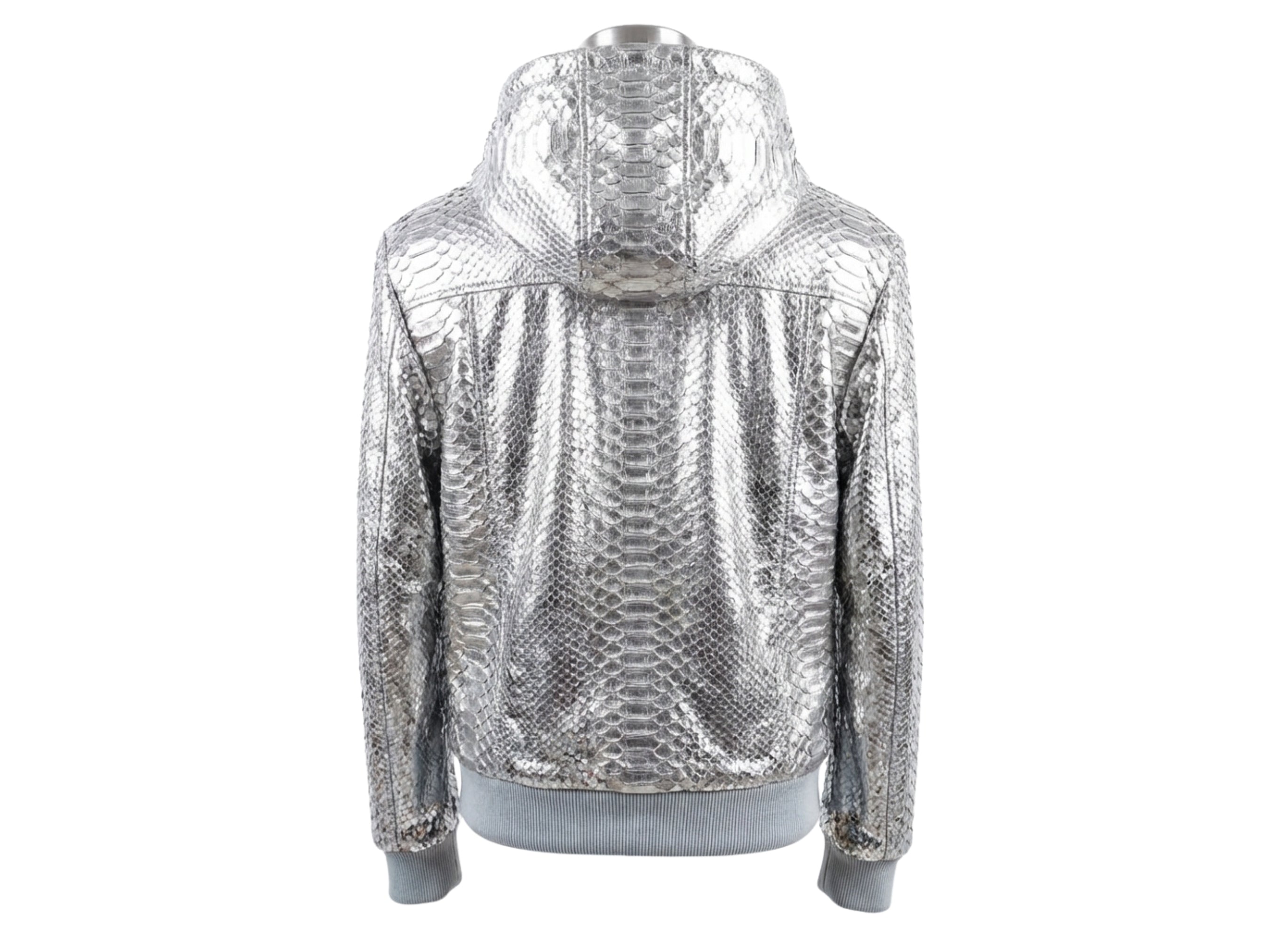Silver metallic python-pattern bomber jacket back view with ribbed hem and cuffs