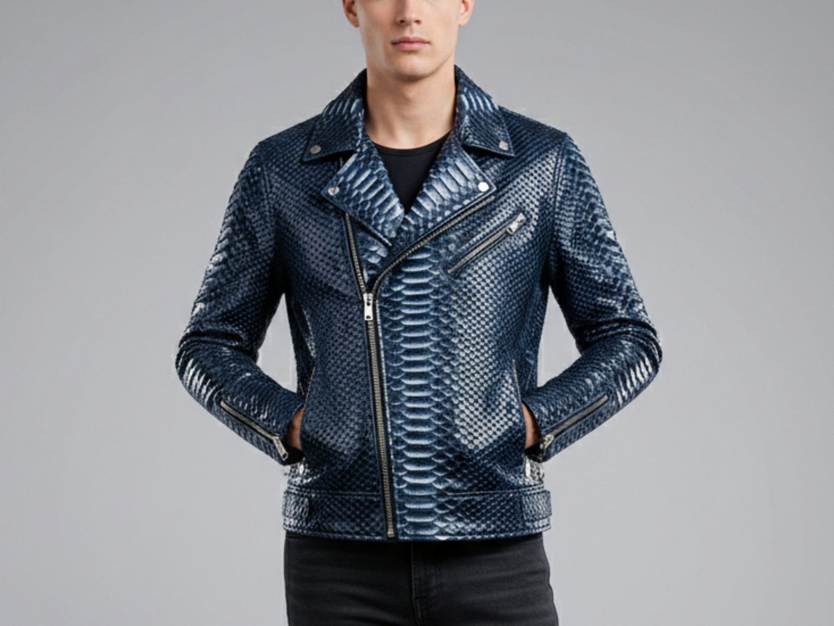 Dark blue python snakeskin biker jacket close-up with stand collar and front zipper detail.