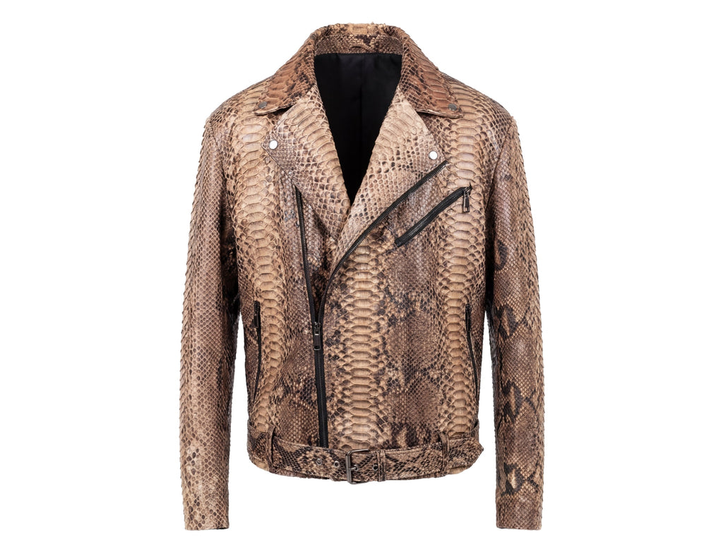 Front view of brown python-effect biker jacket with snap buttons and zip panels