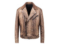 Front view of brown python-effect biker jacket with snap buttons and zip panels