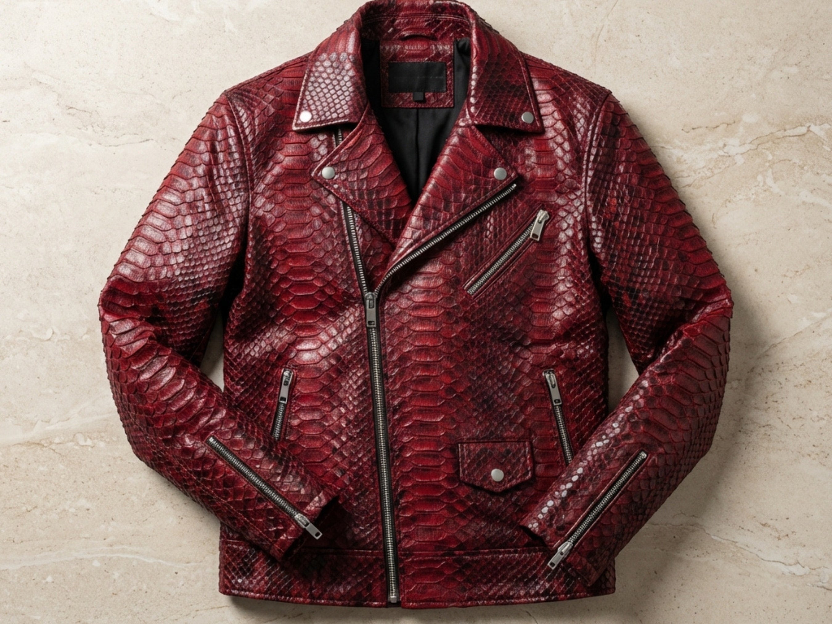 Red python snakeskin biker jacket front view with lapel collar and multiple zip pockets