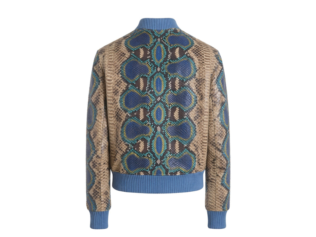 Python snakeskin bomber jacket, back view with blue tan scale pattern and ribbed hem