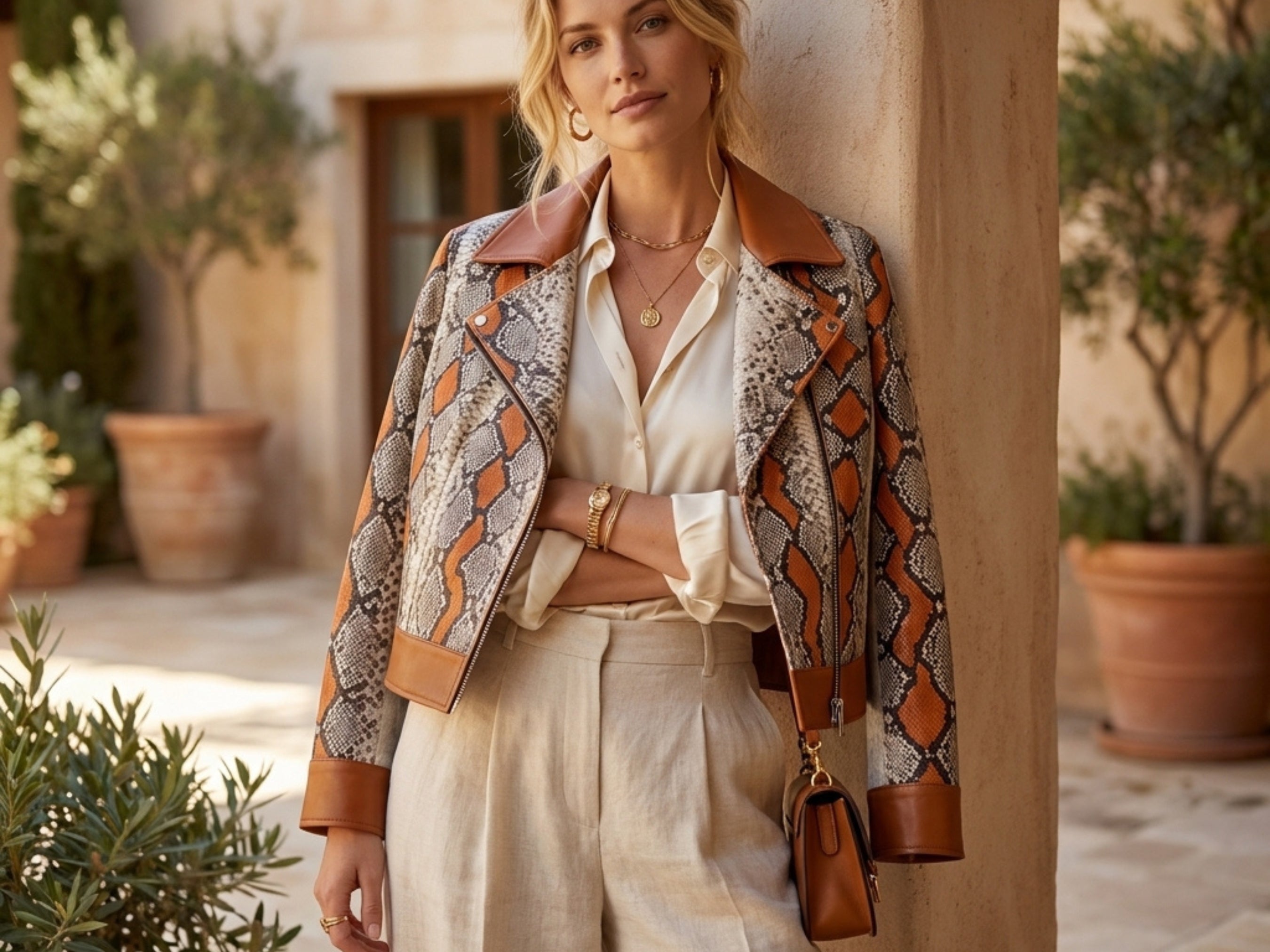 Women’s snakeskin biker leather jacket with brown collar, orange scales, zip closure.