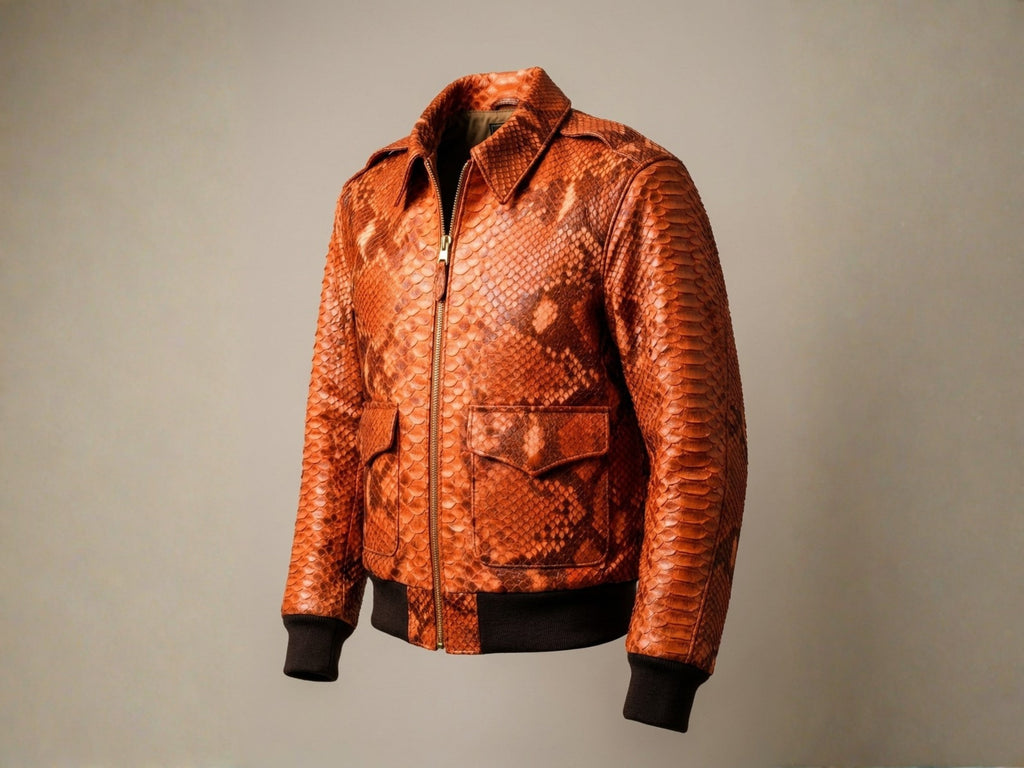 Men's flame orange python snakeskin bomber jacket, front view with flap pockets