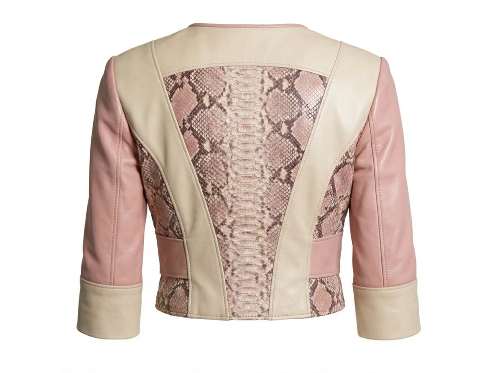 Back view of blush pink leather bolero jacket with snakeskin-print center panel