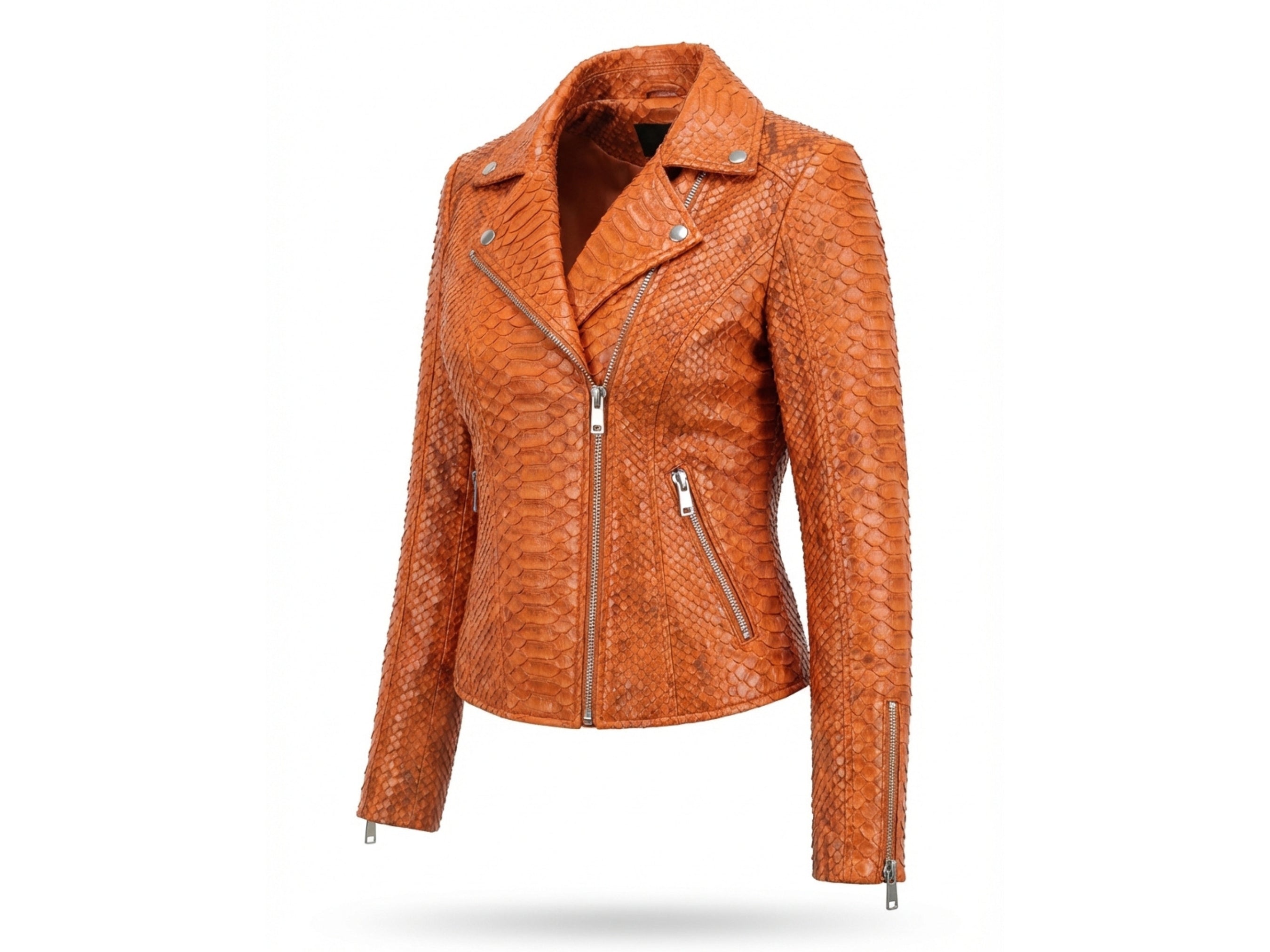 Burnt orange snakeskin-texture leather biker jacket angled front view with double zip pockets